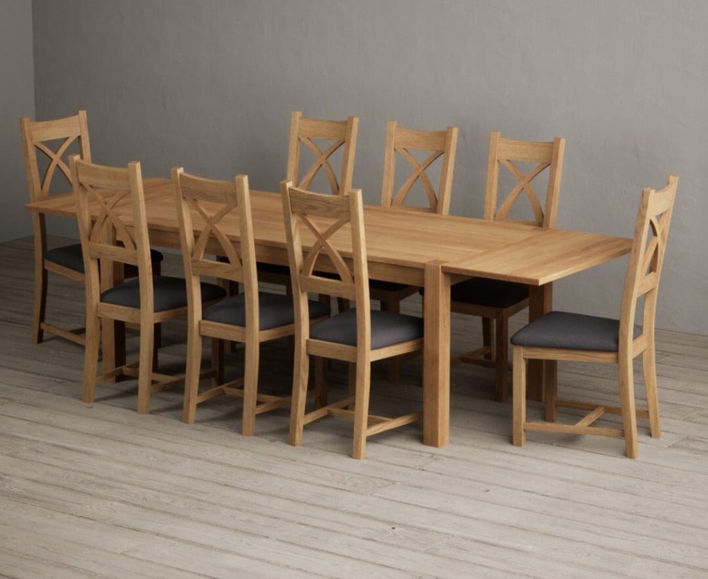 Thetford 180cm Oak Dining Table with Thetford 45cm Oak Extensions with 10 Brown Natural Solid Oak Chairs