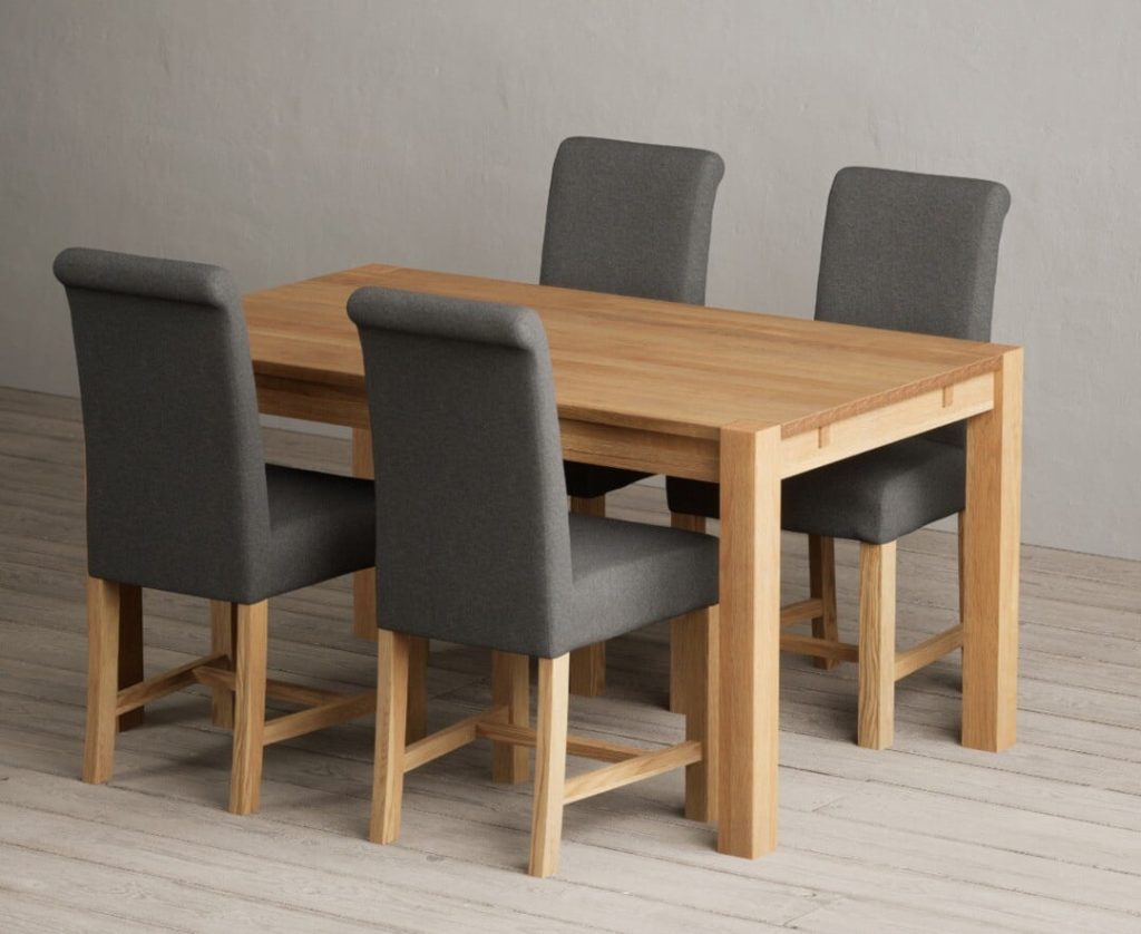 Thetford 150cm Oak Dining Table with 4 Blue Scroll Back Chairs