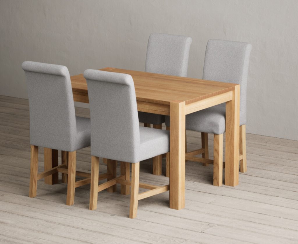 Thetford 120cm Oak Dining Table with 4 Blue Scroll Back Chairs