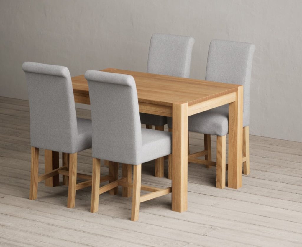 Thetford 120cm Oak Dining Table with 4 Grey Scroll Back Chairs
