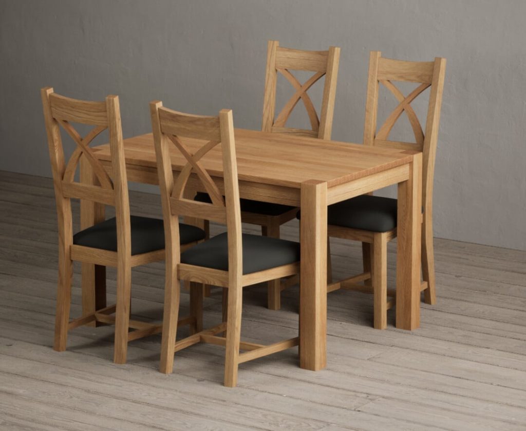 Thetford 120cm Oak Dining Table with 4 Cream Natural Solid Oak Chairs