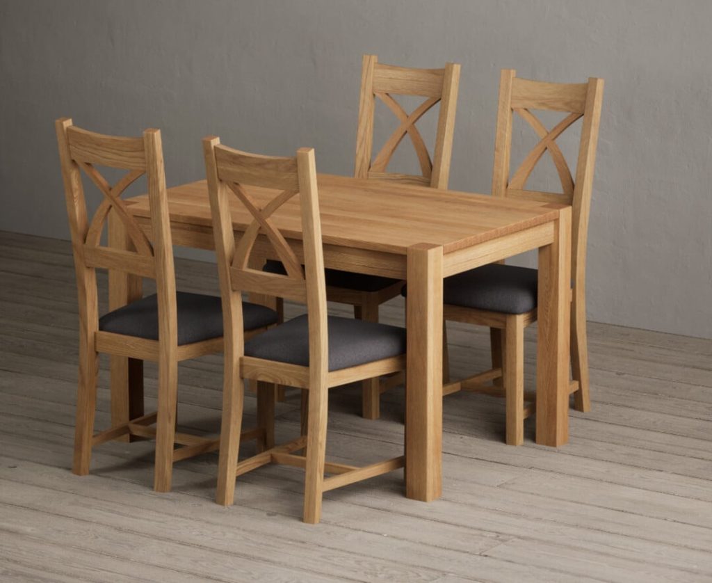 Thetford 120cm Oak Dining Table with 4 Linen Natural Solid Oak Chairs