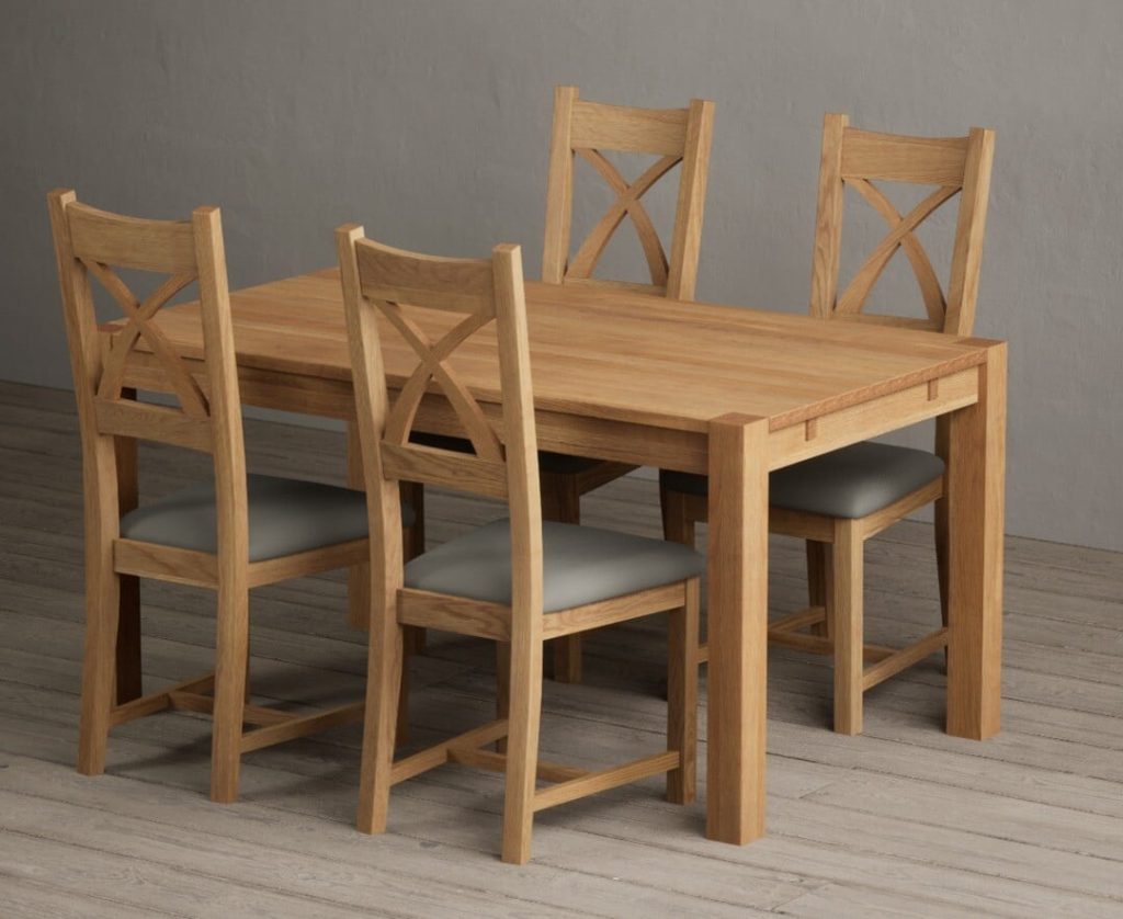 Thetford 150cm Oak Dining Table with 4 Cream Natural Solid Oak Chairs
