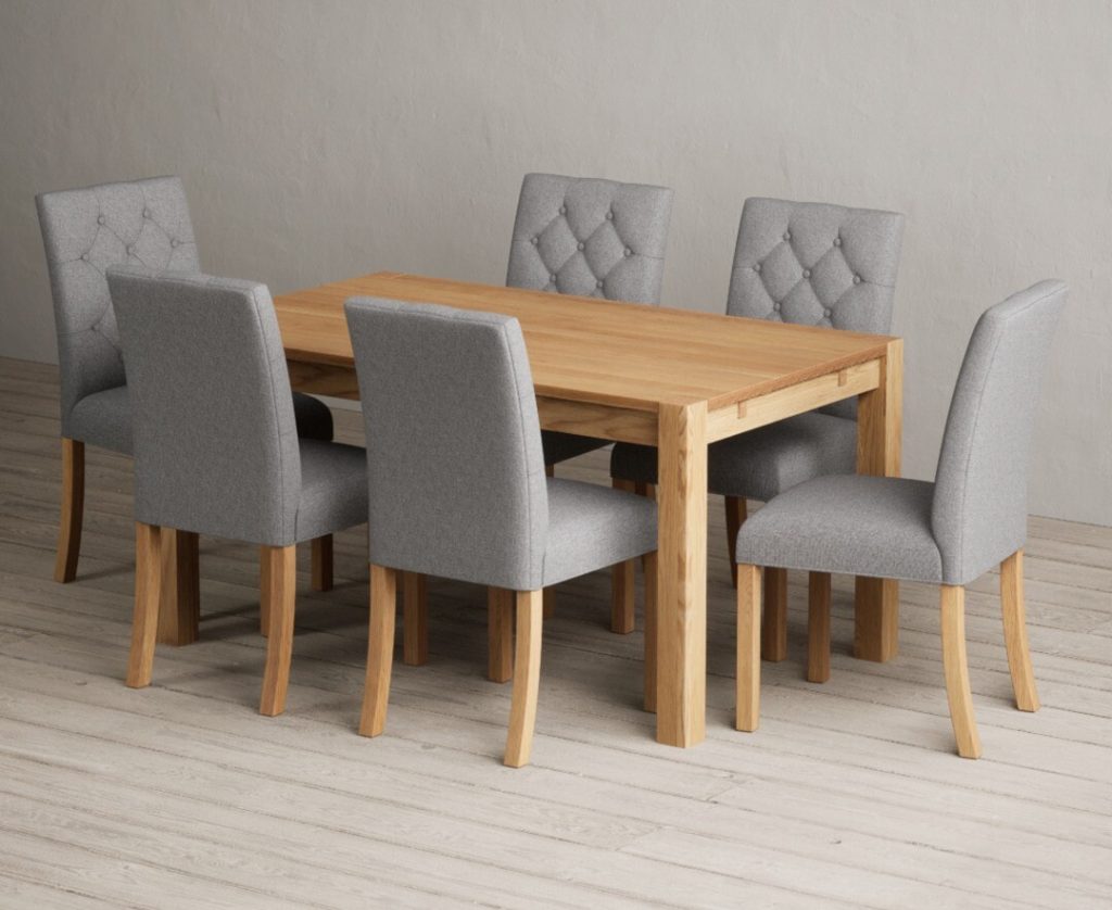 Thetford 150cm Oak Dining Table with 6 Grey Isabella Chairs