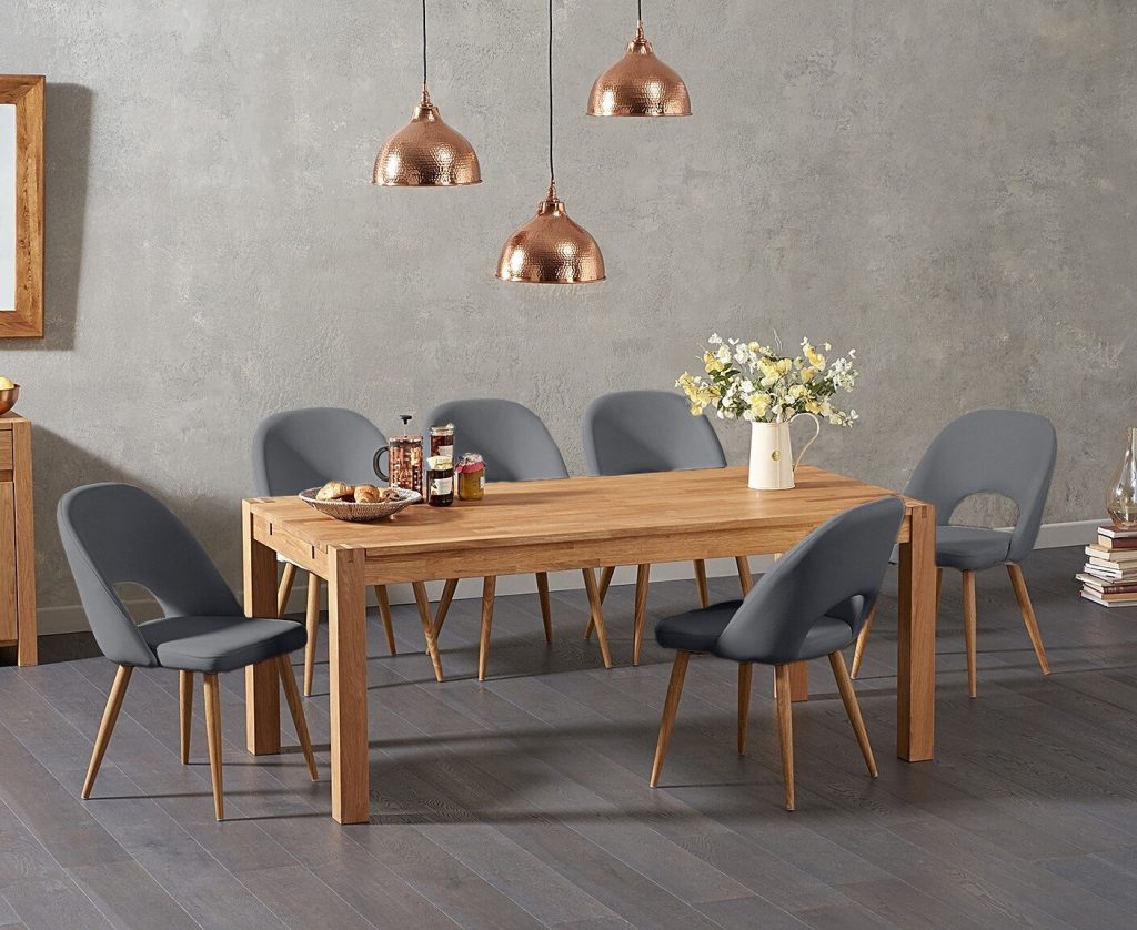 Thetford 180cm Oak Dining Table with 8 Grey Hudson Chairs