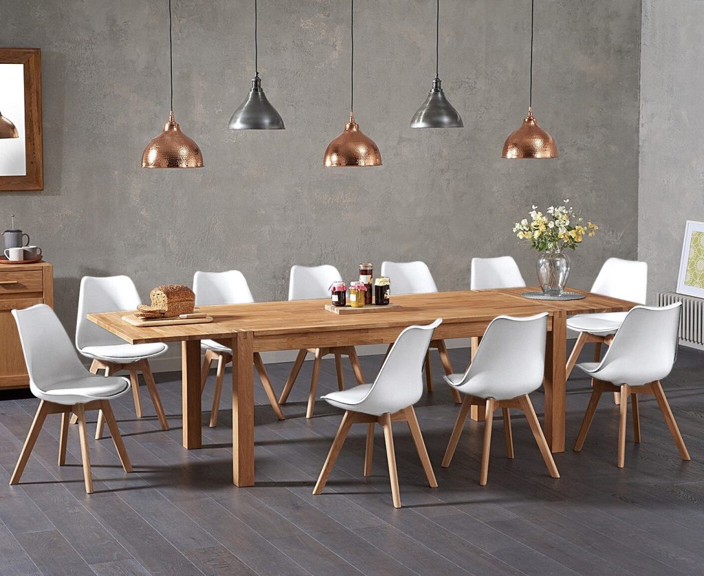 Thetford 180cm Oak Dining Table with 8 White Orson Chairs with Thetford 45cm Oak Extensions