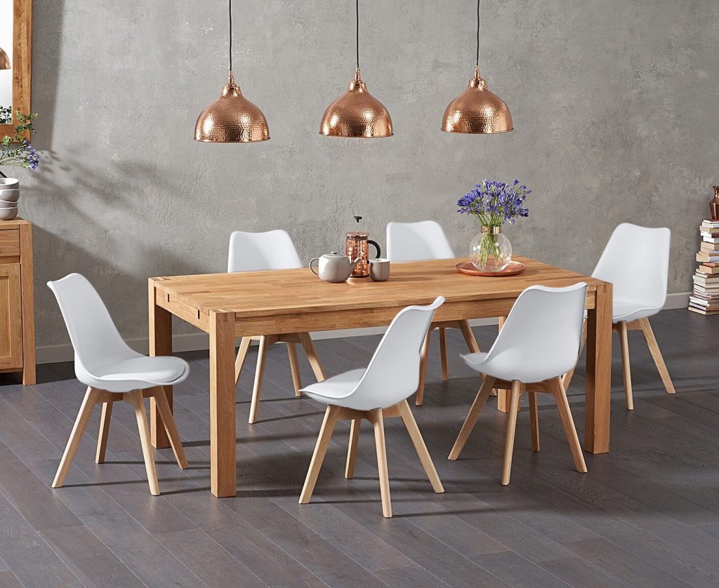 Thetford 150cm Oak Dining Table with 6 White Orson Chairs
