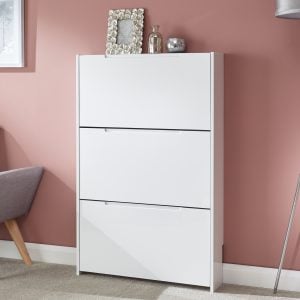 GFW Narrow High Gloss 3 Tier Shoe Cabinet  White | Bed Sava