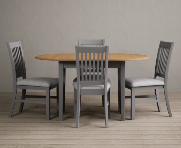 Extending Warwick Oak and Light Grey Painted Dining Table with 4 Blue Warwick Chairs | Bed Sava