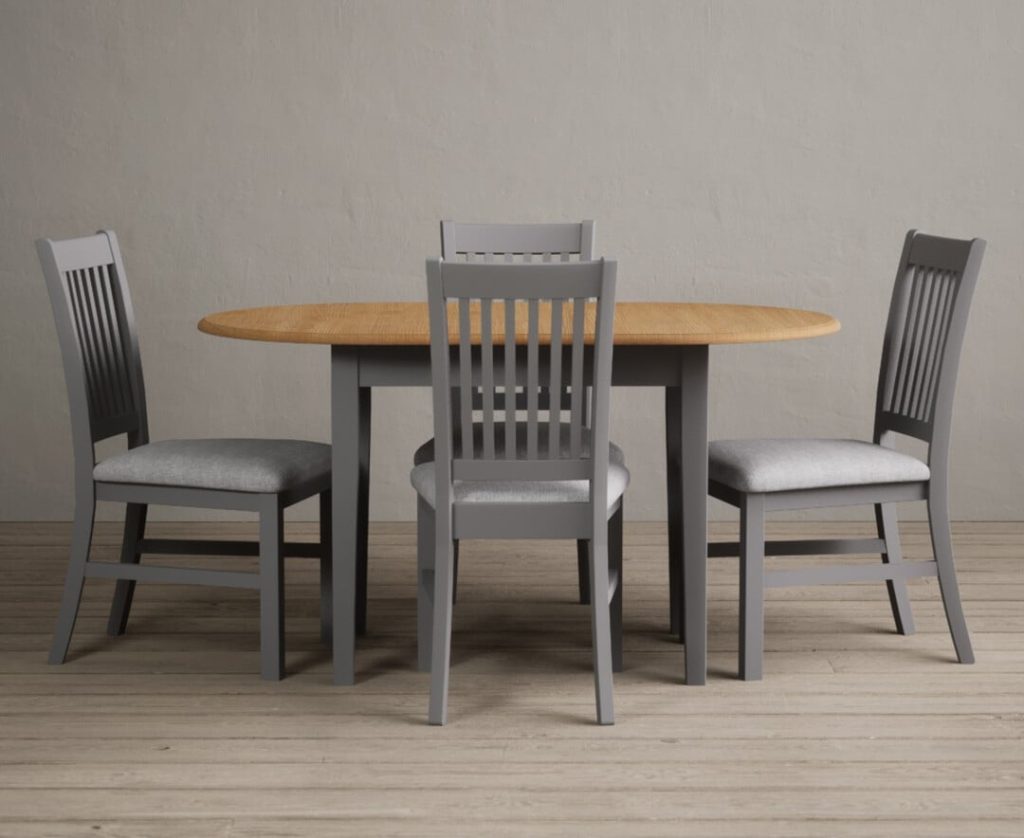 Extending Warwick Oak and Light Grey Painted Dining Table with 4 Linen Warwick Chairs