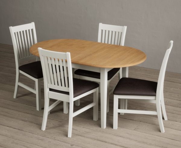 Extending Warwick Oak and Signal White Painted Dining Table with 4 Linen Warwick Chairs | Bed Sava