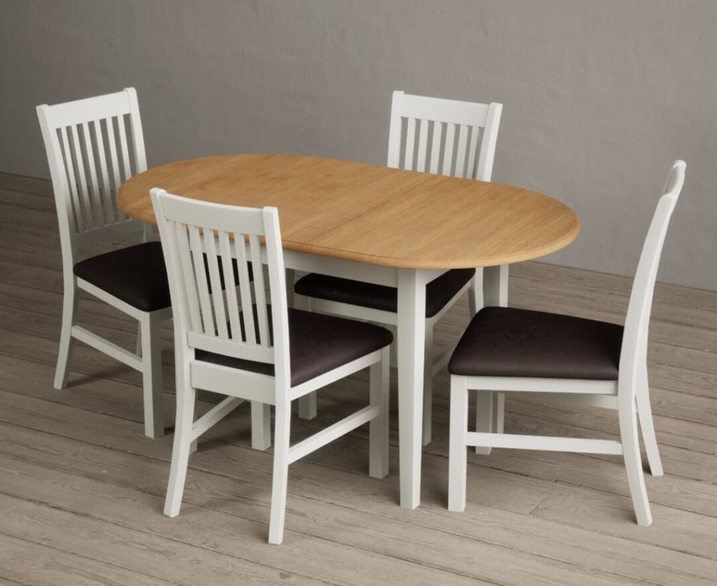Extending Warwick Oak and Signal White Painted Dining Table with 4 Brown Warwick Chairs