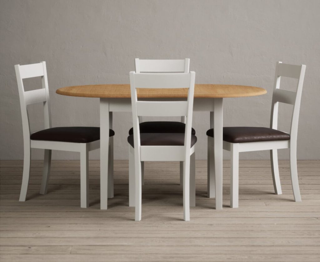 Extending Warwick Oak and Signal White Painted Dining Table with 4 Linen Kendal Chairs