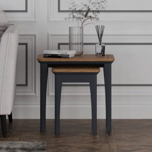 Bridstow Oak and Blue Painted Nest Of Tables | Bed Sava