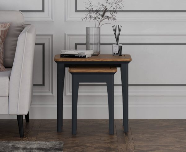Bridstow Oak and Blue Painted Nest Of Tables | Bed Sava