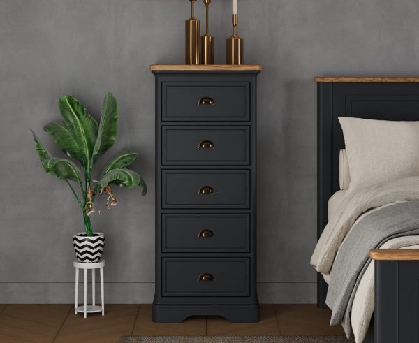 Bridstow Oak and Blue Painted 5 Drawer Tallboy | Bed Sava