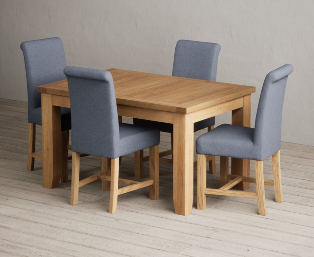Extending Yateley 130cm Solid Oak Dining Table with 4 Blue Scroll Back Chairs