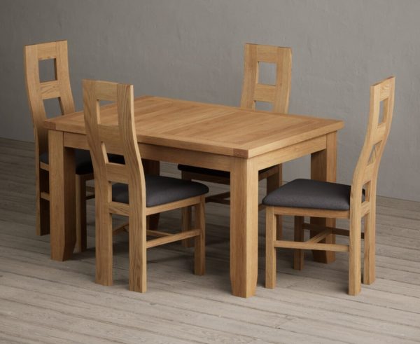 Extending Yateley 130cm Solid Oak Dining Table with 4 Light Grey Natural Chairs | Bed Sava