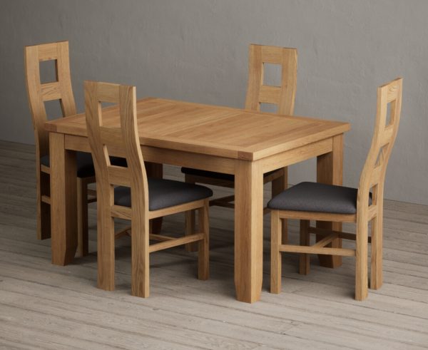 Extending Yateley 130cm Solid Oak Dining Table with 4 Charcoal Grey Natural Chairs | Bed Sava