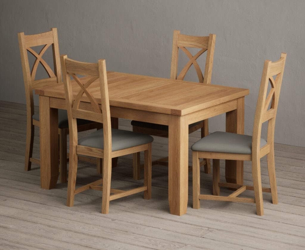 Extending Yateley 130cm Solid Oak Dining Table with 4 Cream Natural Solid Oak Chairs