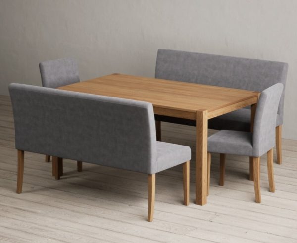 York 150cm Solid Oak Dining Table with 2 Grey Lila Chairs with 2 Grey Benches | Bed Sava