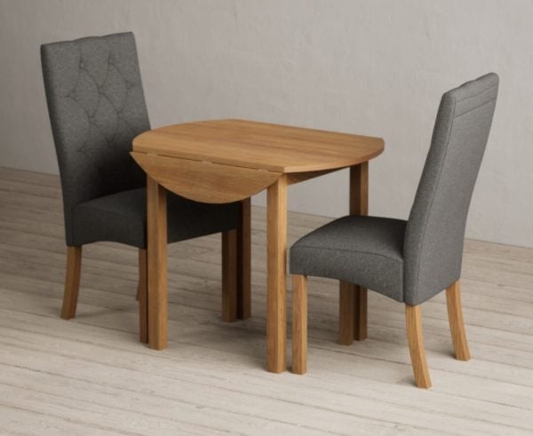 Extending York 90cm Solid Oak Dining Table with 2 Grey Maya Chairs | Bed Sava