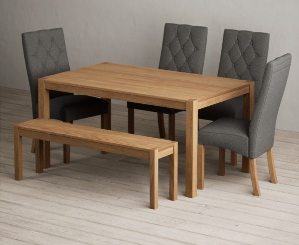York 150cm Solid Oak Dining Table with 2 Grey Maya Chairs with 2 Oak Benches | Bed Sava