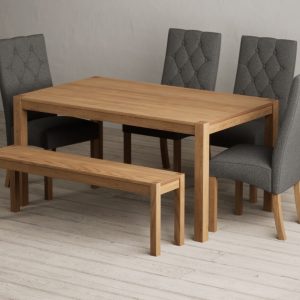 York 150cm Solid Oak Dining Table with 4 Grey Maya Chairs with 1 Oak Bench | Bed Sava