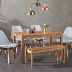 York 150cm Solid Oak Dining Table with 4 White Orson Chairs with 2 Oak Benches | Bed Sava