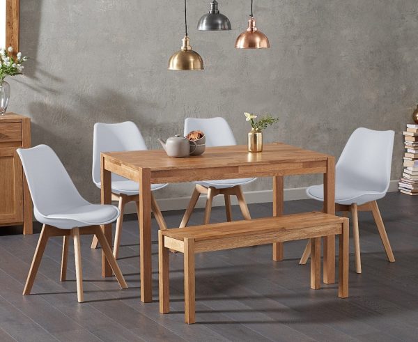 York 150cm Solid Oak Dining Table with 4 White Orson Chairs with 2 Oak Benches | Bed Sava