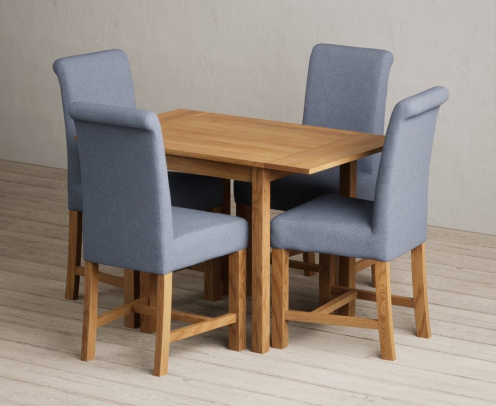 Extending York 70cm Solid Oak Drop Leaf Dining Table with 2 Blue Scroll Back Chairs