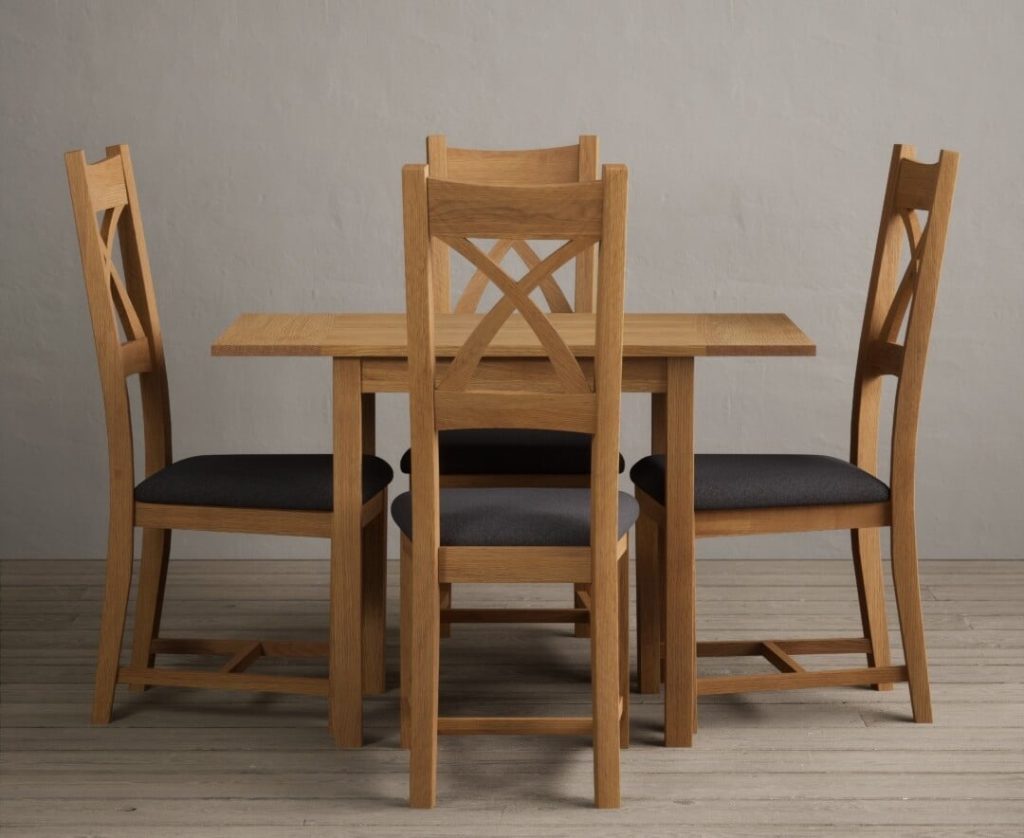 Extending York 70cm Solid Oak Drop Leaf Dining Table with 4 Light Grey Natural Solid Oak Chairs