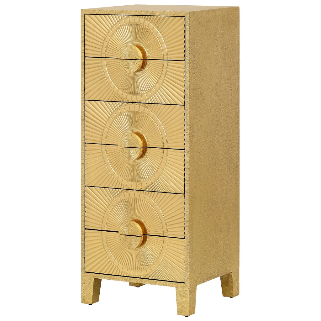 Coco Gold Embossed Metal Six Drawer Tall Boy