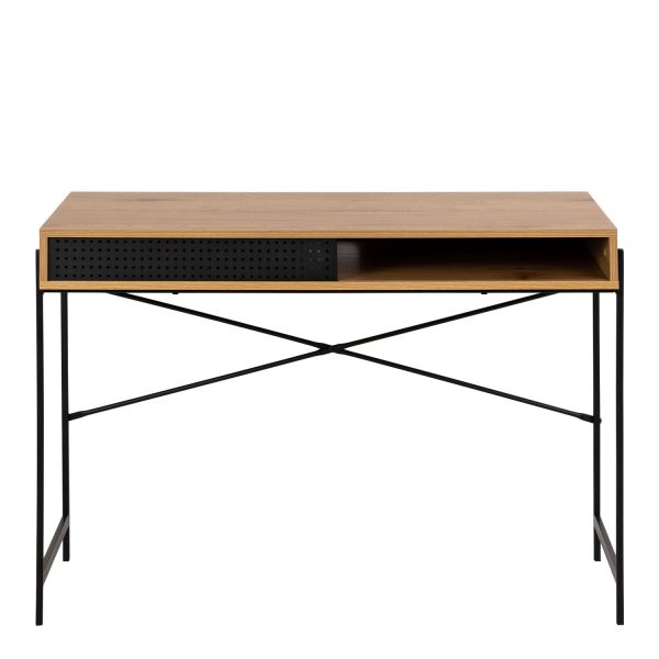 Angus Office Desk with Sliding Door in Oak  Black | Bed Sava