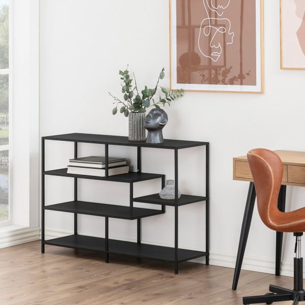 Seaford Wide Black Metal Bookcase with 4 Black Oak Shelves | Bed Sava
