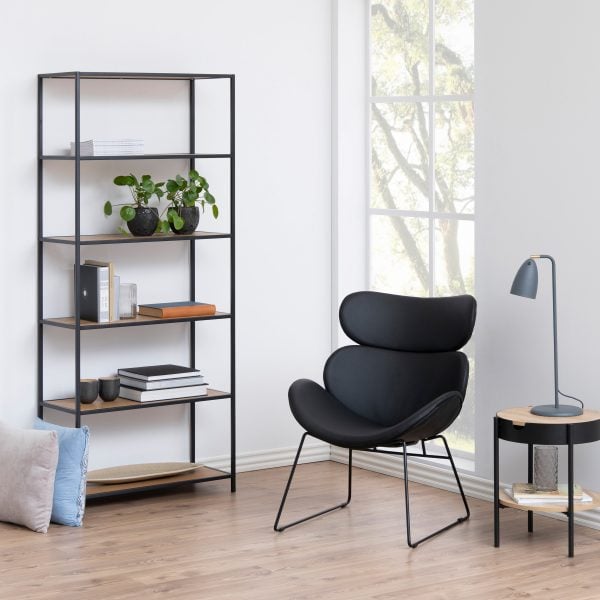 Seaford Tall Black Metal Bookcase with 5 Shelves in Oak | Bed Sava