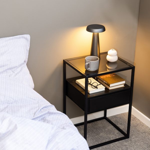 Randolf Bedside Table in Black with Smoked Glass | Bed Sava