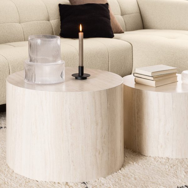 Dice Round Coffee Table Set in Light Travertine Effect | Bed Sava
