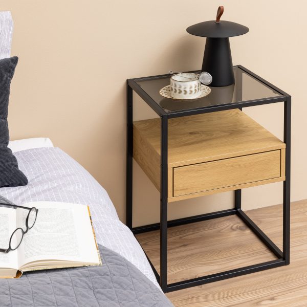 Randolf Square Bedside Table with 1 Drawer in Black and Oak | Bed Sava