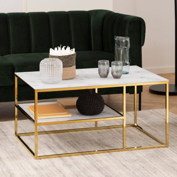 Alisma Open Shelf Coffee Table with White Crystal Clear Marble Glass Top  Gold Legs | Bed Sava