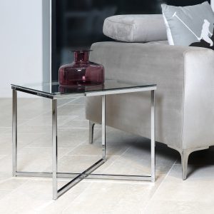 Cross Square Metal Side Table with Glass Top | Bed Sava