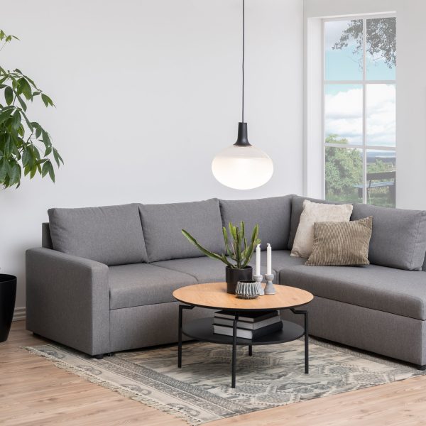 Goldington Round Coffee Table with Oak Top  Black Legs | Bed Sava