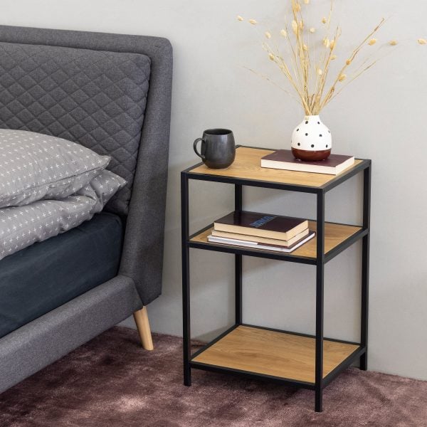 Seaford Black Metal Bedside Table with 2 Oak Shelves | Bed Sava