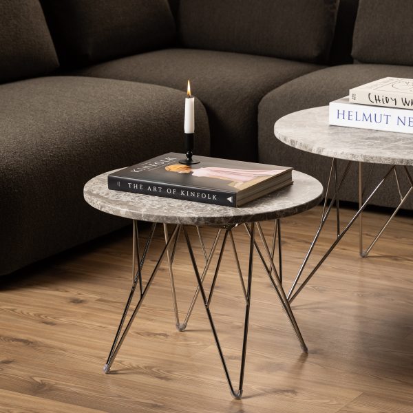 Prunus Round Side Table with Grey Brown Marble Top | Bed Sava
