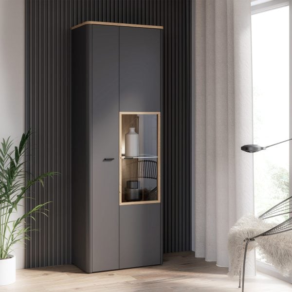 Klara Display Cabinet with 1 Door and 1 Glass Door in Grey and Oak | Bed Sava