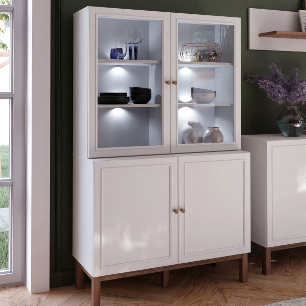Wensley Display Cabinet with 2 Doors and 2 Glass Doors in Light Grey and Oak inc LED Lighting | Bed Sava