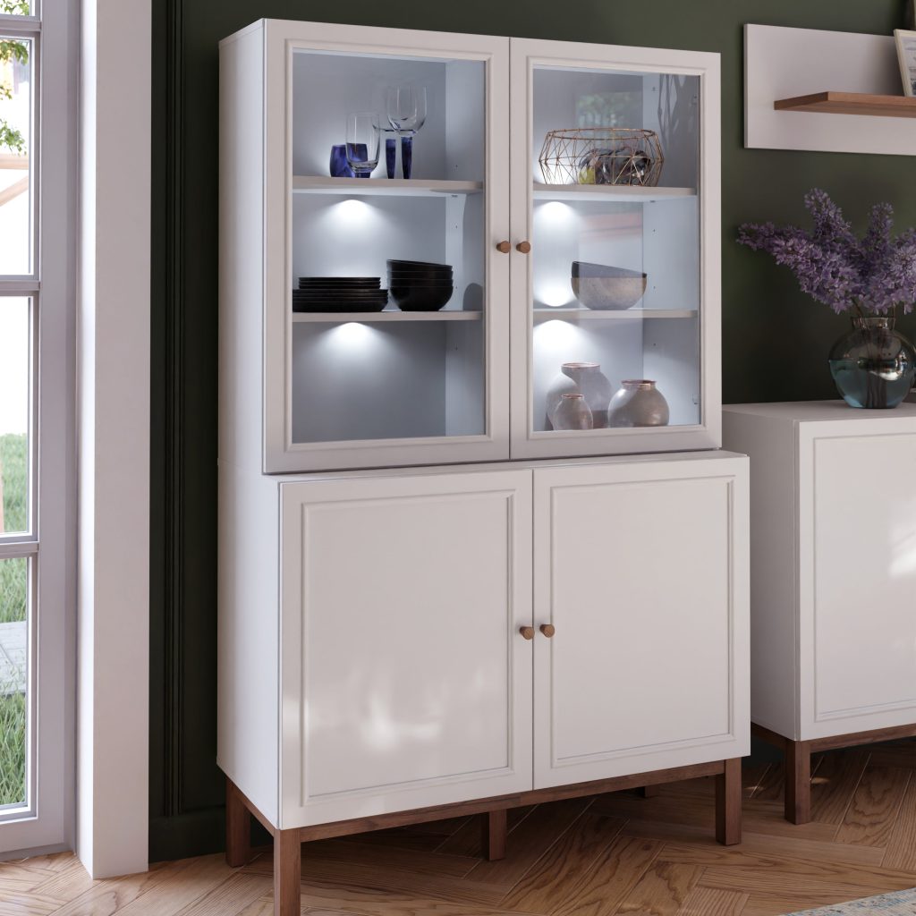 Wensley Display Cabinet with 2 Doors and 2 Glass Doors in Light Grey and Oak