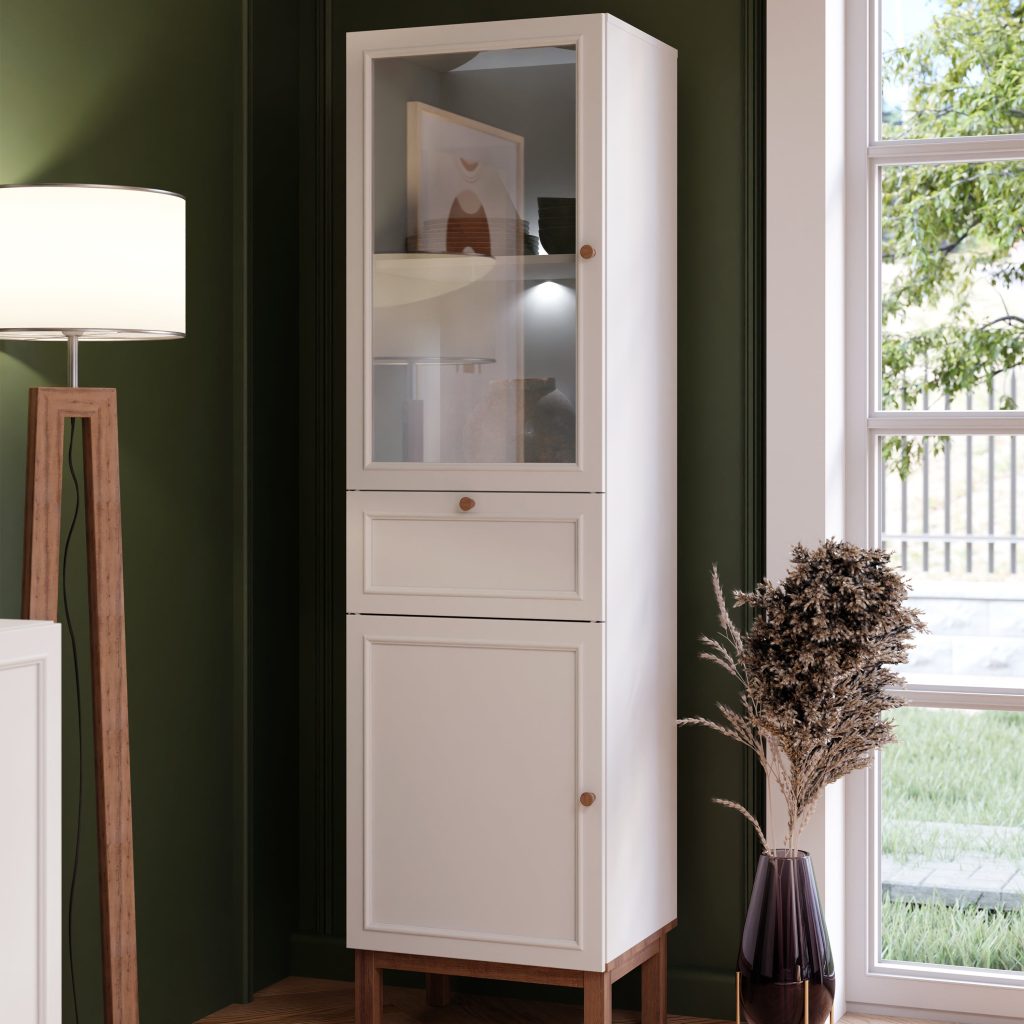 Wensley Display Cabinet with 1 Door 1 Drawer and  1 Glass Door in Light Grey and Oak inc LED Lighting