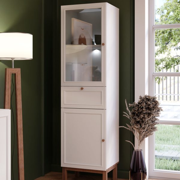 Wensley Display Cabinet with 1 Door 1 Drawer and 1 Glass Door in Light Grey and Oak inc LED Lighting | Bed Sava