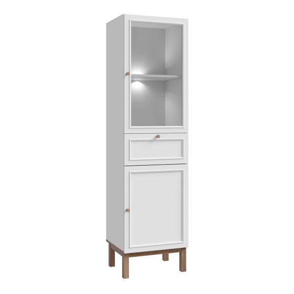 Wensley Display Cabinet with 1 Door 1 Drawer and 1 Glass Door in Light Grey and Oak | Bed Sava